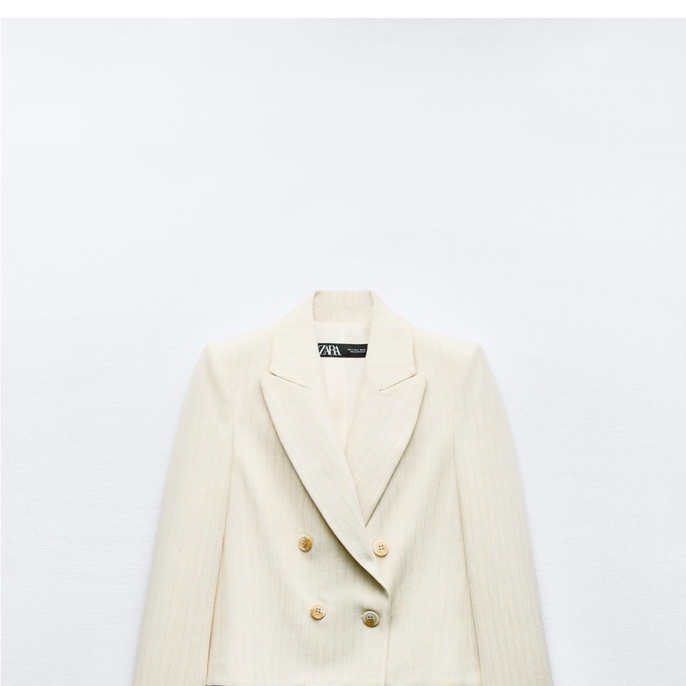 Zara Women Elegant Cropped Cream Blazer XS & Matching Straight Leg Twill Pants S